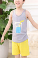 Grey and Yellow Two-Piece Contrast Linking Vest Located Printing Round Neck  Boy Suit for Casual