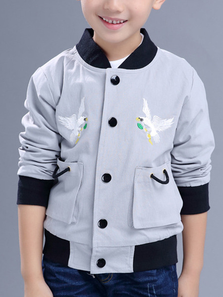 Grey White and Black Stand Collar Embroidery Pockets Single-Breasted Long Sleeve Boy Jacket for Casual