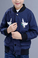 Blue and White Stand Collar Embroidery Pockets Single-Breasted Long Sleeve Boy Jacket for Casual