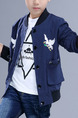 Blue and White Stand Collar Embroidery Pockets Single-Breasted Long Sleeve Boy Jacket for Casual