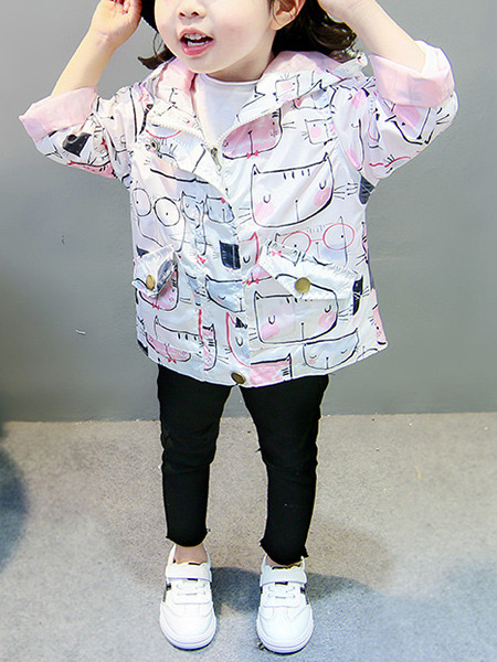 Colorful Hooded Printed Pockets Asymmetrical Hem Long Sleeve Girl Jacket for Casual