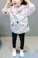 Colorful Hooded Printed Pockets Asymmetrical Hem Long Sleeve Girl Jacket for Casual