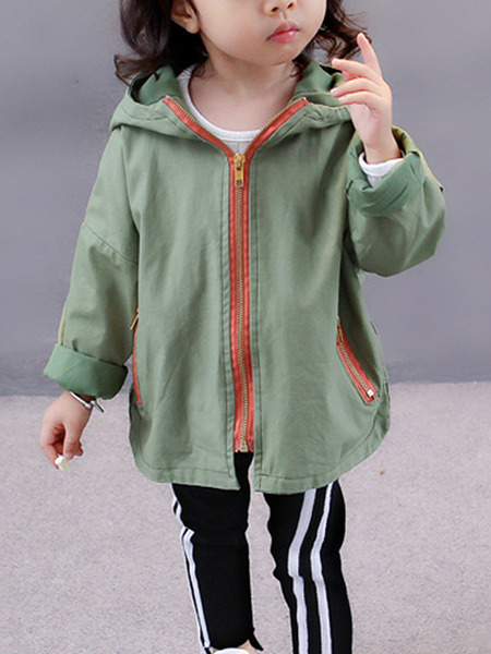 Green and Orange Hooded Contrast Zipper Pockets Located Printing Back Long Sleeve Girl Jacket for Casual