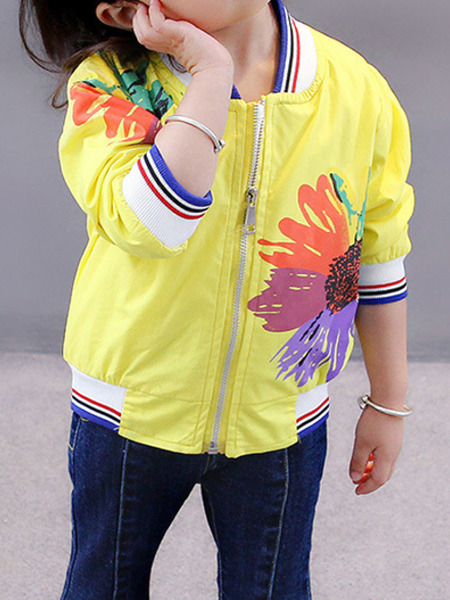 Yellow Colorful Stand Collar Contrast Stripe Located Printed Long Sleeve Girl Jacket for Casual