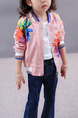 Pink Colorful Stand Collar Contrast Stripe Located Printed Long Sleeve Girl Jacket for Casual