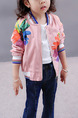 Pink Colorful Stand Collar Contrast Stripe Located Printed Long Sleeve Girl Jacket for Casual