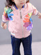 Pink Colorful Stand Collar Contrast Stripe Located Printed Long Sleeve Girl Jacket for Casual
