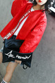 Red Stand Collar Letter Printed Pockets Long Sleeve Girl Jacket for Casual