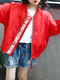 Red Stand Collar Letter Printed Pockets Long Sleeve Girl Jacket for Casual
