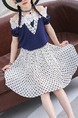 Navy Blue and White Slim Off-Shoulder Polka Dot Two-Piece Above Knee Girl Dress for Casual Party