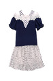 Navy Blue and White Slim Off-Shoulder Polka Dot Two-Piece Above Knee Girl Dress for Casual Party