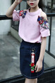 Pink and Navy Blue Slim Embroidery Denim Two-Piece Above Knee Girl Dress for Casual Party