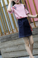 Pink and Navy Blue Slim Embroidery Denim Two-Piece Above Knee Girl Dress for Casual Party