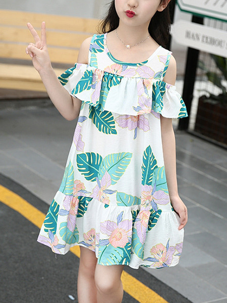 Colorful Loose Printed Off-Shoulder Above Knee Tropical Girl Dress for Casual