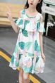 Colorful Loose Printed Off-Shoulder Above Knee Tropical Girl Dress for Casual