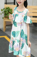 Colorful Loose Printed Off-Shoulder Above Knee Tropical Girl Dress for Casual