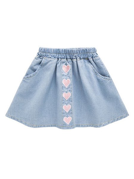 Blue Slim A-Line Denim Love Pattern Skirt Girl Skirt for Casual