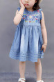 Blue Loose Denim Embroidery Knee Length Shift Girl Dress for Casual Party