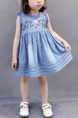 Blue Loose Denim Embroidery Knee Length Shift Girl Dress for Casual Party