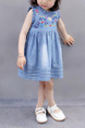 Blue Loose Denim Embroidery Knee Length Shift Girl Dress for Casual Party