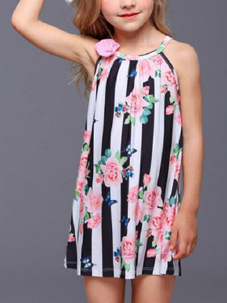 Colorful Loose Stripe Printed Floral Above Knee Shift Girl Dress for Casual Party