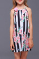 Colorful Loose Stripe Printed Floral Above Knee Shift Girl Dress for Casual Party