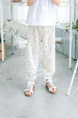 White Printed Adjustable Waist Beam Foot Girl Pants for Casual