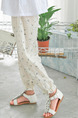 White Printed Adjustable Waist Beam Foot Girl Pants for Casual