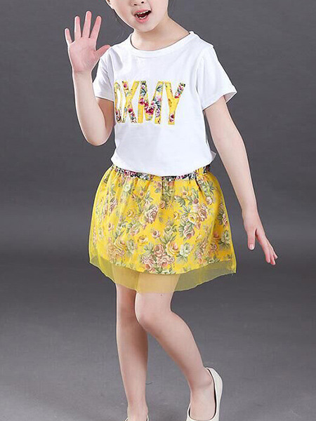 Yellow Two-Piece Round Neck Letter Printed Mesh Floral Adjustable Waist Above Knee Girl Suit for Casual