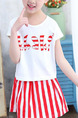 Red and White Two-Piece Round Neck Letter Printed Vertical Stripe Adjustable Waist Above Knee Girl Suit for Casual