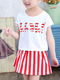 Red and White Two-Piece Round Neck Letter Printed Vertical Stripe Adjustable Waist Above Knee Girl Suit for Casual
