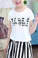 Black and White Two-Piece Round Neck Letter Printed Vertical Stripe Adjustable Waist  Girl Suit for Casual