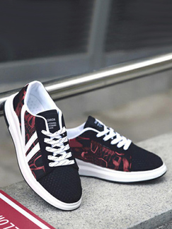 Black and White Red Polyester Round Toe Platform 3.5cm Lace Up Rubber Shoes for Casual Sporty
