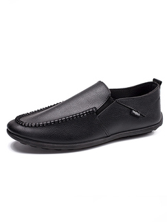 Black Leather Round Toe Platform Slip On 1cm Leather Shoes