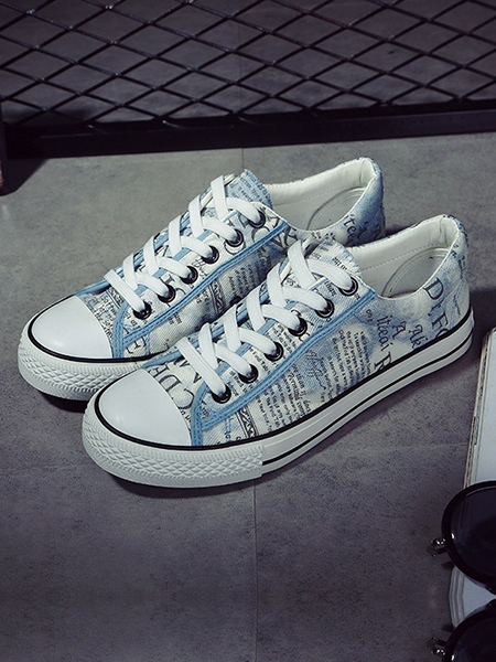 White and Blue Canvas Round Toe Platform Lace Up Rubber Shoes