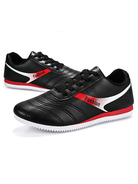 Black White and Red Leather Round Toe Platform Lace Up Rubber Shoes