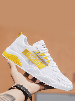 White and Yellow Leather and Mesh Round Toe Platform Lace Up Rubber Shoes