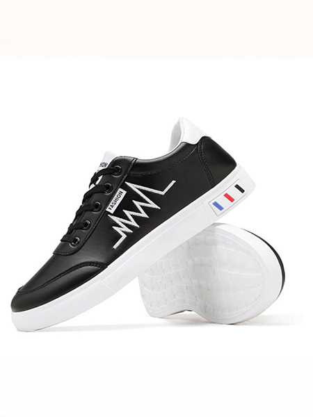 Black and White Leather Round Toe Platform Lace Up Rubber Shoes