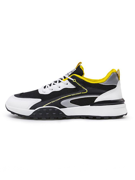Black White and Yellow Leather and Mesh Round Toe Platform Lace Up Rubber Shoes