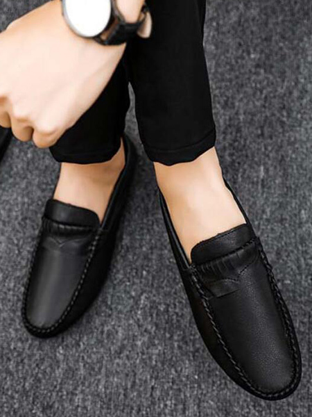 Black Leather Round Toe Platform Slip On Boat Shoes