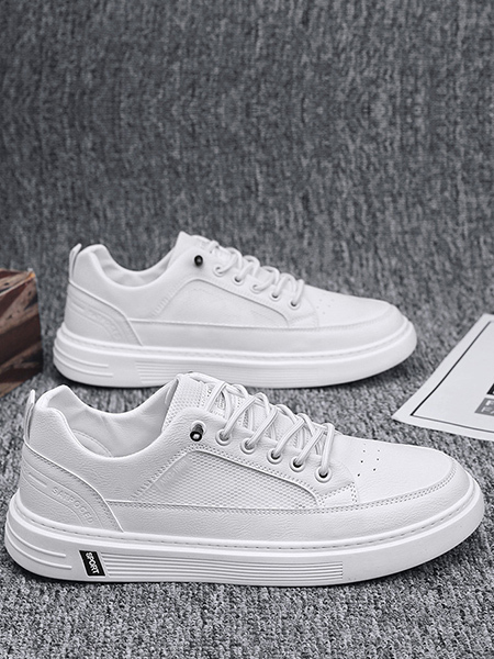 White Leather and Mesh Round Toe Platform Lace Up Rubber Shoes