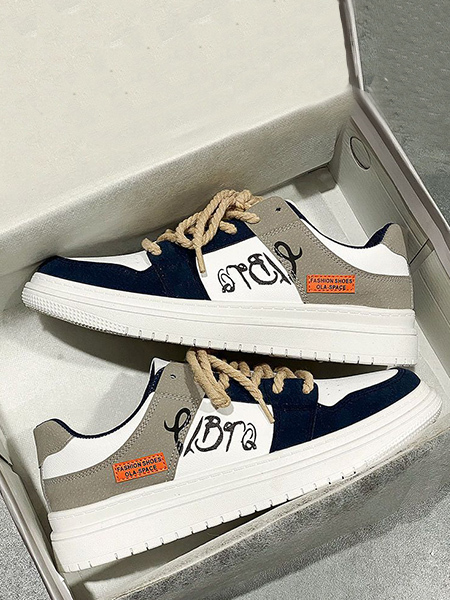 White Blue Gray Leather  and Suede Round Toe Platform Synthetic leather Sports Trendy Shoes