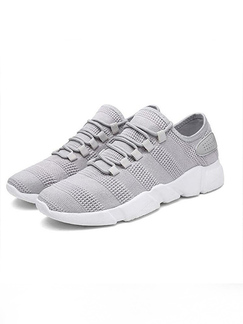 Grey and White Polyester Round Toe Platform 3cm Lace Up Rubber Shoes for Casual Sporty Sports