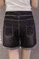 Black Denim Linking Contrast Band Holes Hemming One Quarter Shorts for Casual