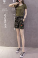 Green Black Plus Size Camouflage Band Embroidery Rose One Quarter Shorts for Casual