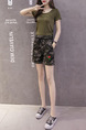 Green Black Plus Size Camouflage Band Embroidery Rose One Quarter Shorts for Casual