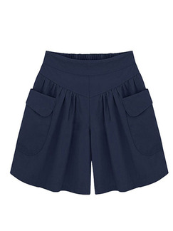 Blue Plus Size Wide-Leg Adjustable Waist Symmetrical Pocket Pleated One Quarter Shorts for Casual