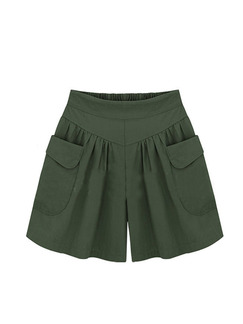 Green Plus Size Wide-Leg Adjustable Waist Symmetrical Pocket Pleated One Quarter Shorts for Casual