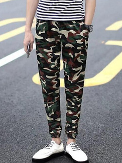 Green Black and Brown Slim Feet Camouflage Band Long Men Pants for Casual