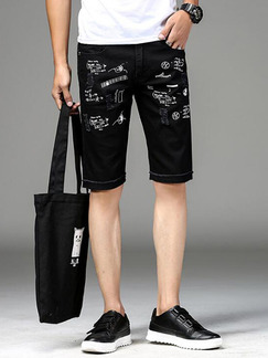 Black Slim Pattern Holes Located Printing Half Men Shorts for Casual
